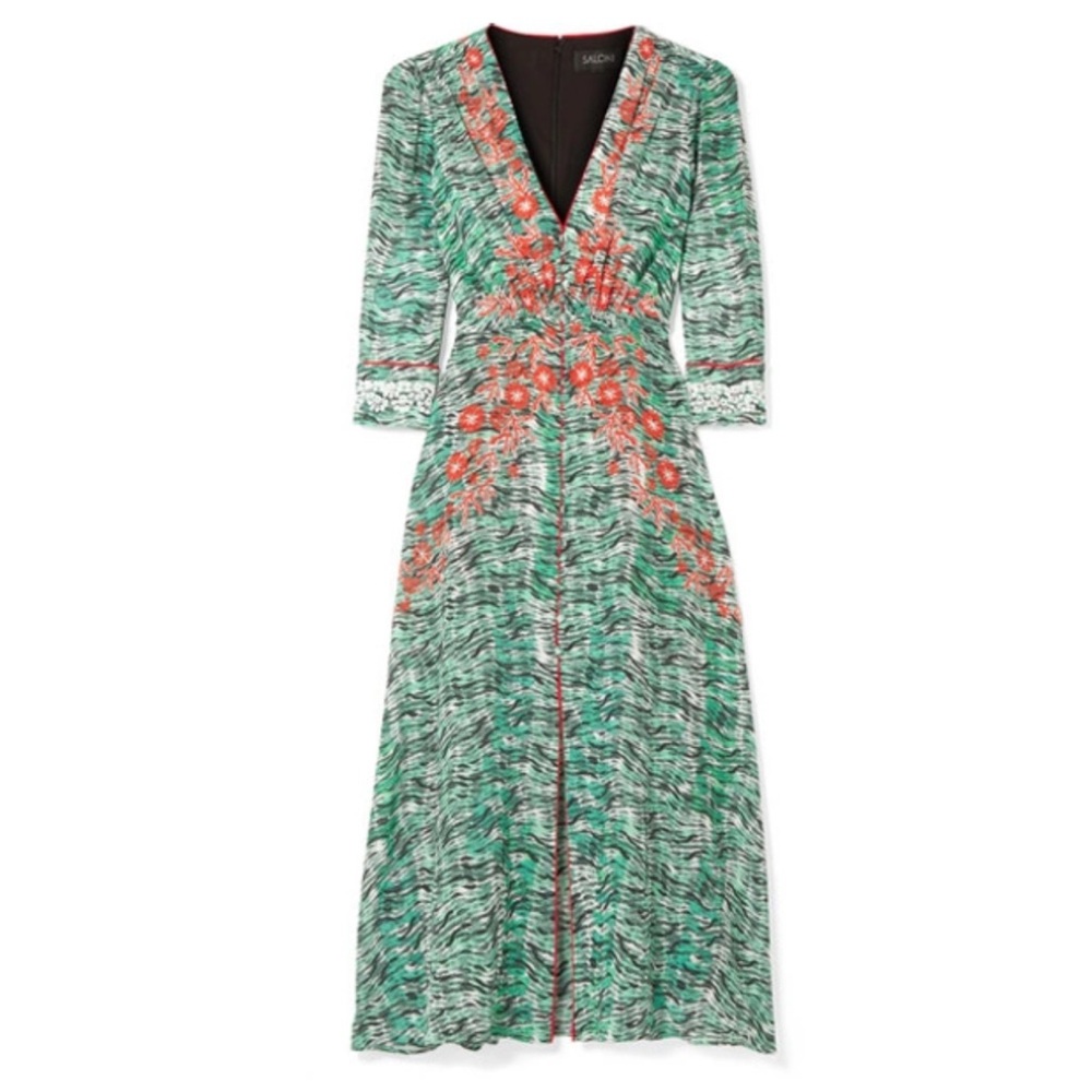 Saloni Eve Seaweed Printed Silk Midi Dress Size 6